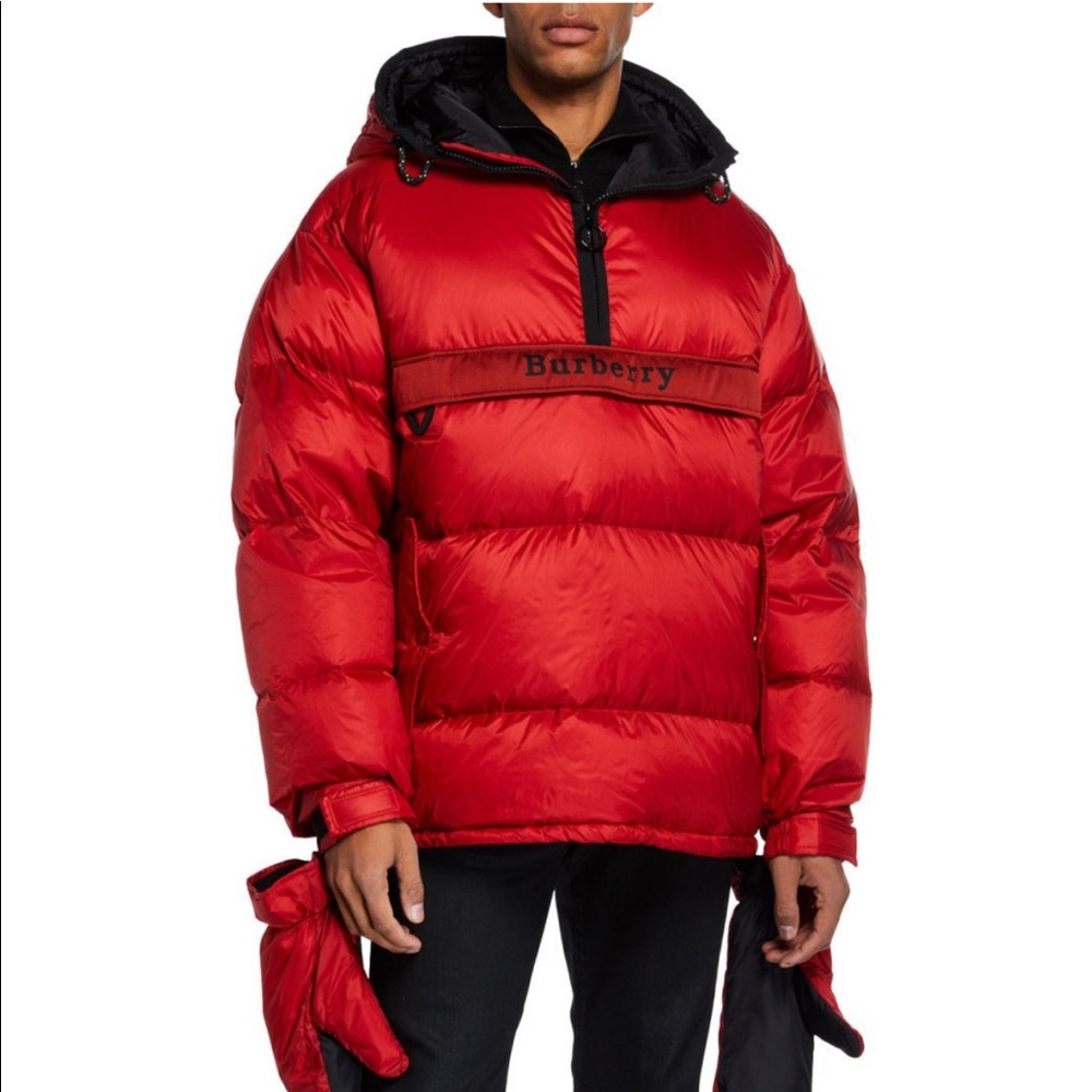 New red Burberry puffer coat w/hand gloves size 52